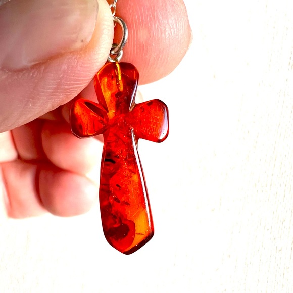 Vintage Carved Amber Cross Pendant on 18” Silver .925 Chain - Picture 1 of 7